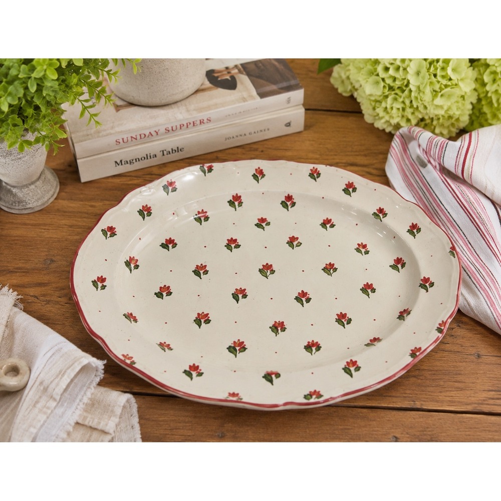Johnson Brothers Bonjour Red Tulip Oval Serving Platter England Ironstone 12in